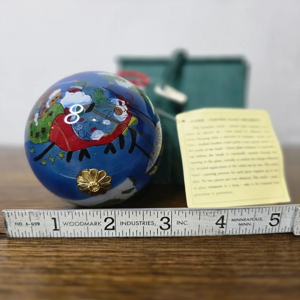 Painted Glass Christmas Ornament Santa Claus Sleigh Ride‎ Blue